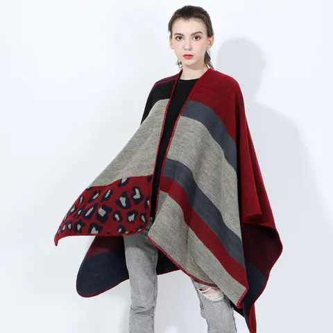 Chal Poncho de Moda para Mujer con Patchwork de Leopardo en Jacquard Elegante Capa de Invierno Cálida de Imitación Cachemira para Damas