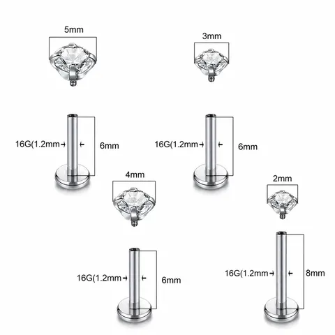 Stainless Steel Internally Threaded Labret Lip Stud Piercing Jewelry With 3mm Round Zirconia For Men Women Body Jewelry