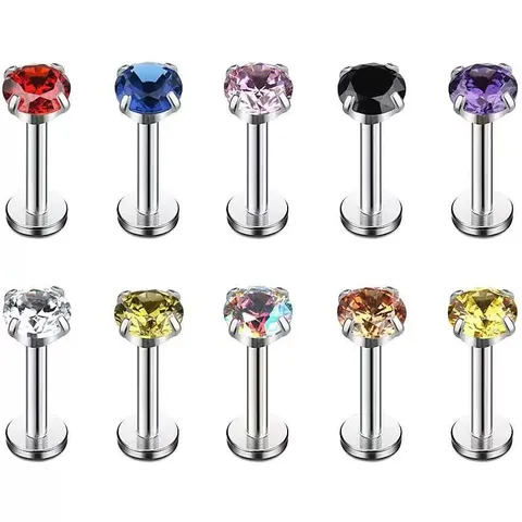 Stainless Steel Internally Threaded Labret Lip Stud Piercing Jewelry With 3mm Round Zirconia For Men Women Body Jewelry