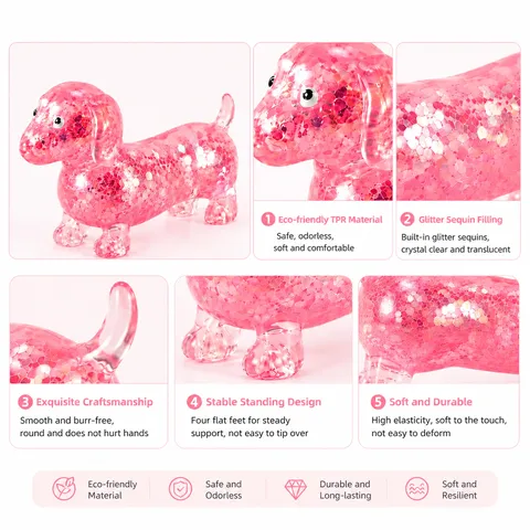 Jouet Squishy Teckel au Maltose à Paillettes TPR Soulagement du Stress Jouet à Presser Forme de Chien Dessin Animé Cadeau Enfants Adultes