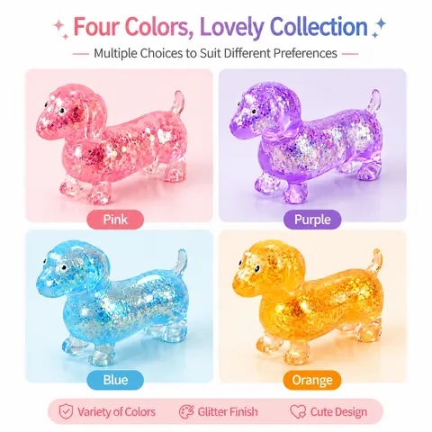 Jouet Squishy Teckel au Maltose à Paillettes TPR Soulagement du Stress Jouet à Presser Forme de Chien Dessin Animé Cadeau Enfants Adultes