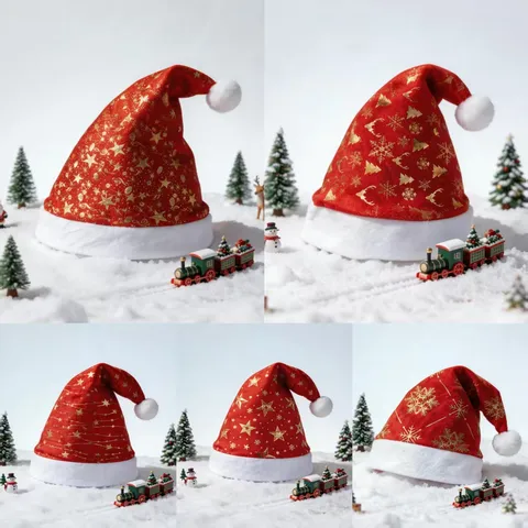 Cappello di Babbo Natale per Adulti Velluto Dorato Stampa a Caldo Fiocco di Neve Stella Festa Vacanza Cappuccio Con Bordo in Peluche Bianco