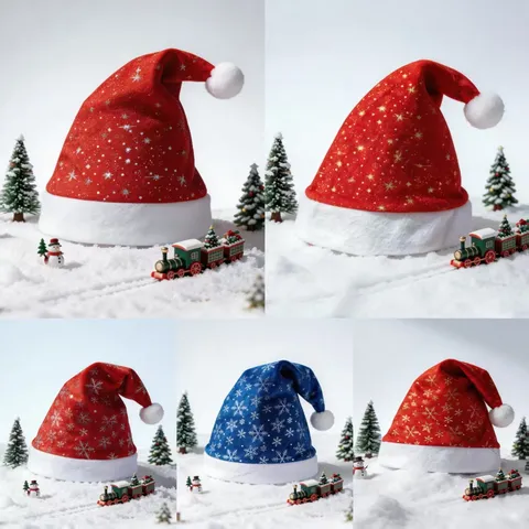 Cappello di Babbo Natale per Adulti Velluto Dorato Stampa a Caldo Fiocco di Neve Stella Festa Vacanza Cappuccio Con Bordo in Peluche Bianco