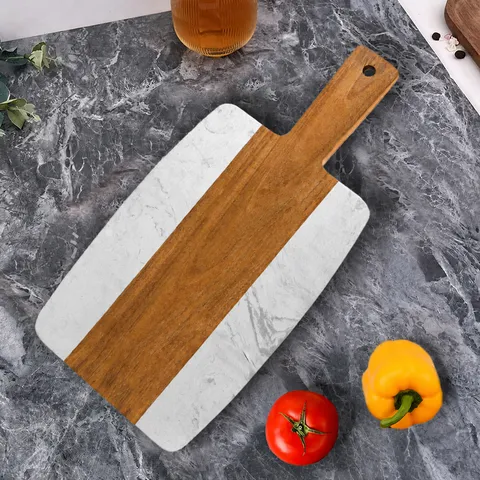 Planche à Découper en Marbre et Bois d'Acacia Avec Poignée pour Fromage Pain Plateau de Service en Marbre Blanc Cuisine