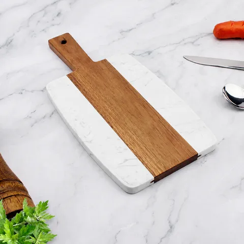 Planche à Découper en Marbre et Bois d'Acacia Avec Poignée pour Fromage Pain Plateau de Service en Marbre Blanc Cuisine