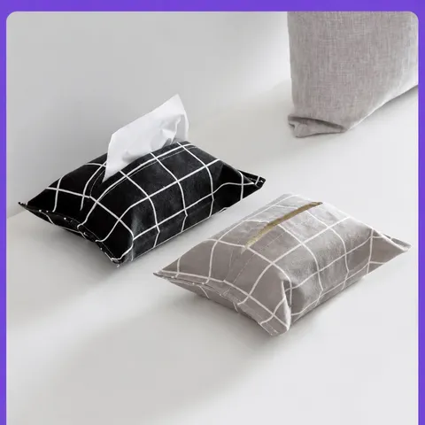 Nordic Cotton Linen Tissue Pouch Bag For Home Car Bathroom Minimalist Grid Polar Bear Printed Fabric Napkin Holder Bag