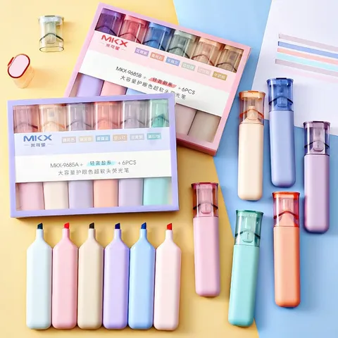 MKX 6 Stuks Textmarker Set Oogbescherming Morandi Kleuren Zachte Beitelpunt Grote Capaciteit Markers Student Kantoor Tekenen Cadeau