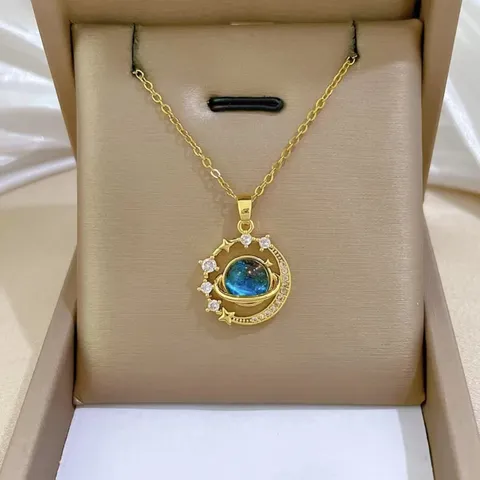 Sternenhimmel Planet Mondsichel Anhänger Halskette Vergoldete Legierung Strass Universum Schmuck Für Unisex Trendiges Geschenk
