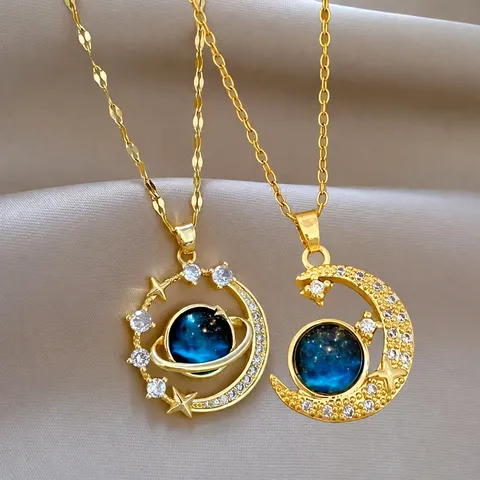 Sternenhimmel Planet Mondsichel Anhänger Halskette Vergoldete Legierung Strass Universum Schmuck Für Unisex Trendiges Geschenk