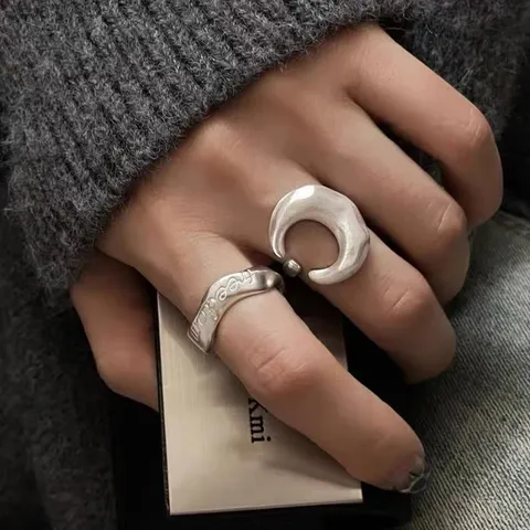 Minimalist Alloy Matte Frosted Open Ring For Women Adjustable Crescent Moon Freedom Letter Finger Ring Trendy Cool Jewelry Finger Band