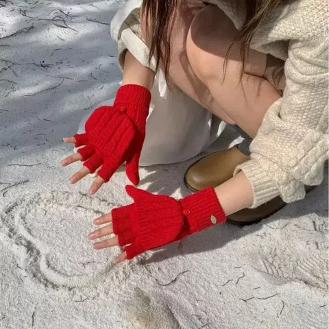Women's Winter Cable Knit Flip Top Mittens Warm Acrylic Knitted Half Finger Gloves Fingerless Mittens Soft Solid Color Hand Warmers