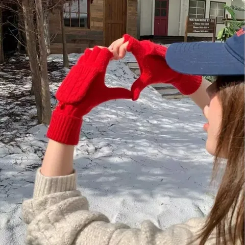 Women's Winter Cable Knit Flip Top Mittens Warm Acrylic Knitted Half Finger Gloves Fingerless Mittens Soft Solid Color Hand Warmers