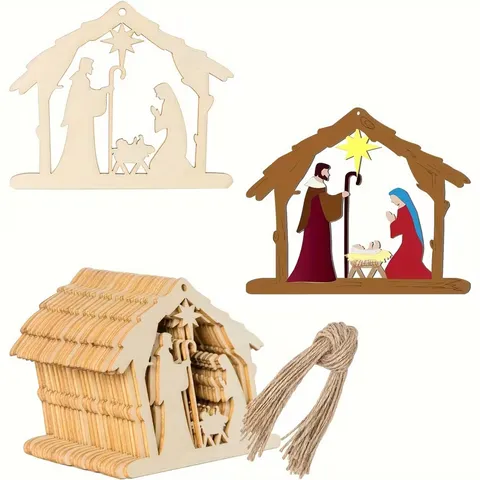 DIY Wooden Christmas Nativity Scene Ornaments Unfinished Laser Cut Hollow Wood Crafts Xmas Tree Hanging Decoration For Kids Painting