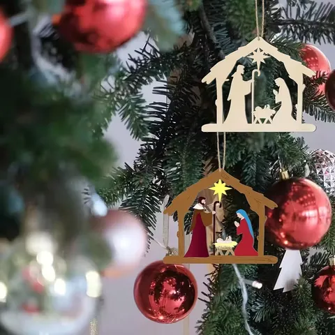 DIY Wooden Christmas Nativity Scene Ornaments Unfinished Laser Cut Hollow Wood Crafts Xmas Tree Hanging Decoration For Kids Painting