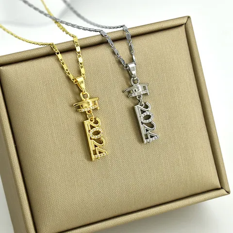 Graduation Season 2024 Doctoral Hat Pendant Necklace Copper Gold Silver Plated Rhinestone Micro Inlaid Commemorative Gift Jewelry For Unisex