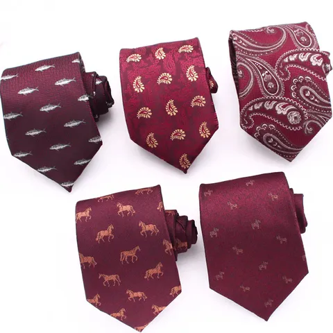 Men Business Formal Polyester Jacquard Wine Red Necktie Wedding Groom Groomsman Striped Paisley Floral Pattern Dress Accessories
