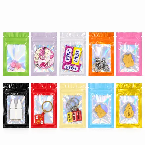 Holographic Laser Resealable Aluminum Foil Packaging Bags Clear Window Jewelry Necklace Storage Pouches