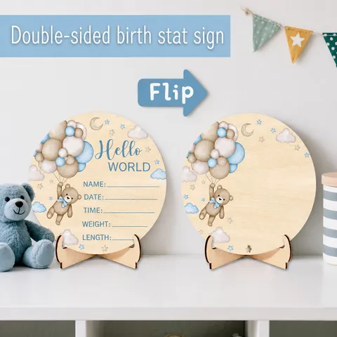 Wooden Baby Birth Announcement Sign Hello World Newborn Milestone Board DIY Double Sided Photo Prop Nursery Decor Gift
