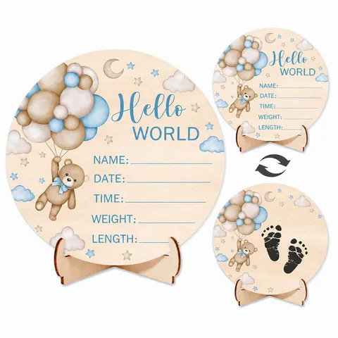 Wooden Baby Birth Announcement Sign Hello World Newborn Milestone Board DIY Double Sided Photo Prop Nursery Decor Gift