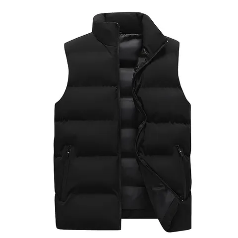 Men's Winter Padded Vest Stand Collar Quilted Sleeveless Jacket Thick Warm Polyester Solid Color Zipper Pocket Waistcoat