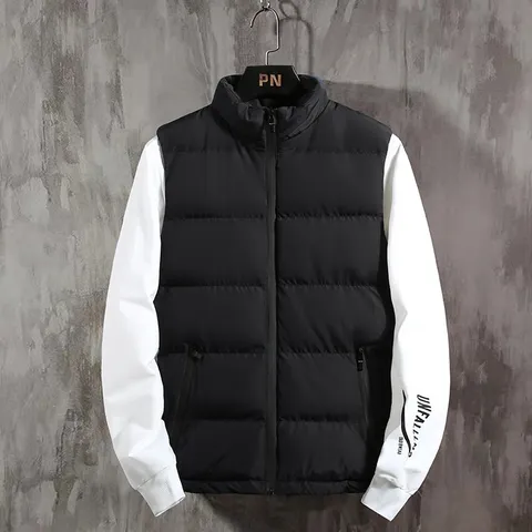 Men's Winter Padded Vest Stand Collar Quilted Sleeveless Jacket Thick Warm Polyester Solid Color Zipper Pocket Waistcoat