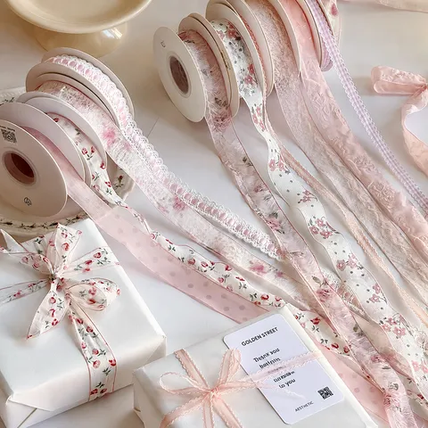 Collection de Rubans Décoratifs Série Rose Rubans Floral Dentelle Mousseline Organza Pour Emballage de Bouquet de Cadeaux Matériaux DIY Floraux