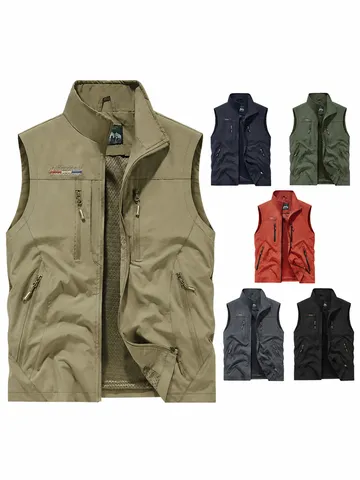 Men's Outdoor Cargo Vest Stand Collar Multi-Pocket Fishing Waistcoat Nylon Polyester Mesh Lining Casual Top