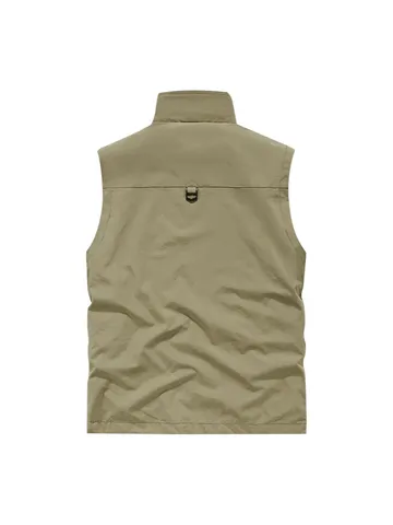 Men's Outdoor Cargo Vest Stand Collar Multi-Pocket Fishing Waistcoat Nylon Polyester Mesh Lining Casual Top