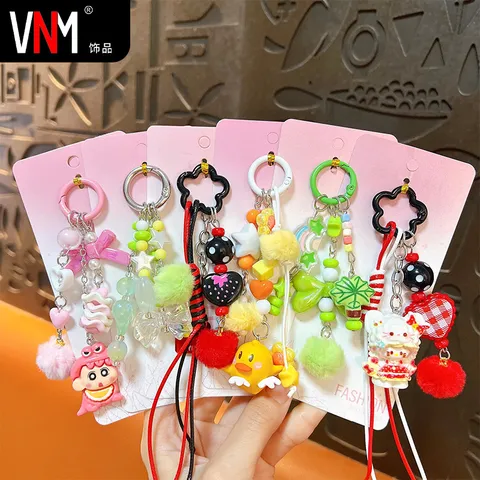 Cute Cartoon Keychain Bag Pendant Acrylic Beaded Plush Ball Accessory For Backpack Key Chain Ornament For Women Girls Gift