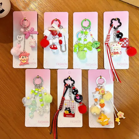 Cute Cartoon Keychain Bag Pendant Acrylic Beaded Plush Ball Accessory For Backpack Key Chain Ornament For Women Girls Gift