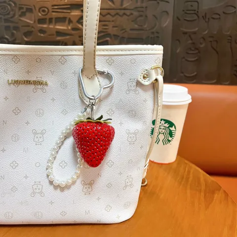 Simulated Strawberry Keychain With Artificial Pearl Chain Cute Heart Clasp Resin Fruit Bag Charm Pendant Car Key Ring For Women Gift