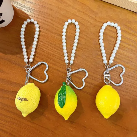 Cute Simulated Lemon Fruit Keychain With Artificial Pearl Chain Resin Simulation Fruit Bag Pendant Heart Clasp Car Key Ring