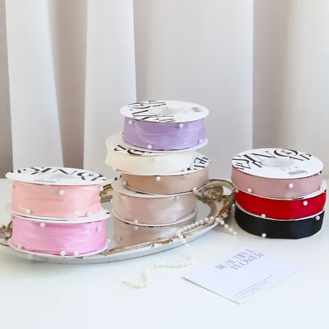 Pearl Embellished Yarn Artificial Pearl Ribbon For Flower Bouquet Packaging DIY Crafts Woven Decorative Ribbon For Wedding Party Gift Wrap
