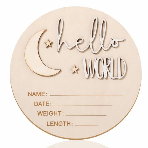 Houten Baby Geboorte Aankondiging Bord Hello World Pasgeboren Mijlpaal Kaart Fotografie Prop Buxushout Cirkelvormige Schijf Voor Kinderkamer Decor