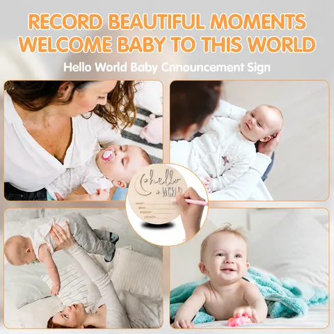 Houten Baby Geboorte Aankondiging Bord Hello World Pasgeboren Mijlpaal Kaart Fotografie Prop Buxushout Cirkelvormige Schijf Voor Kinderkamer Decor