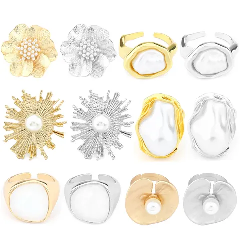 European Elegant Flower Artificial Pearl Ring Zinc Alloy Rhinestone Open Finger Ring Irregular Oval Fashion Jewelry Accessory For Women