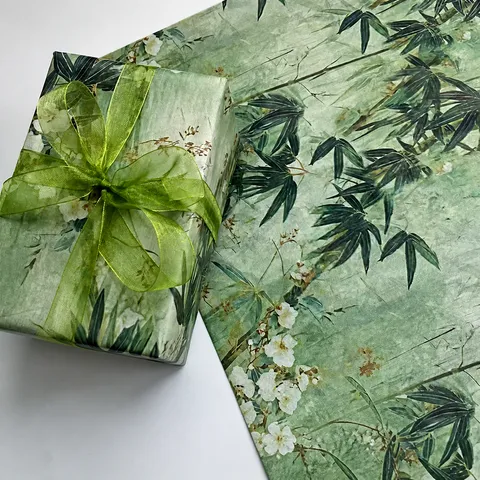 Vintage Chinese Style Bamboo Pattern Pear Tissue Paper Green Leaf White Floral Printed Gift Wrapping Paper For Clothing Jewelry Packaging