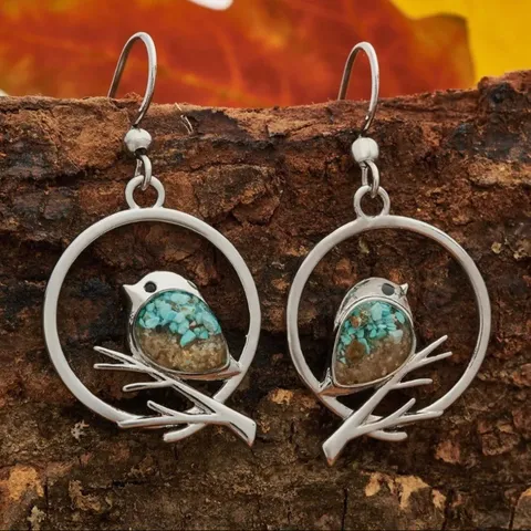 Boucles d'Oreilles Crochet en Alliage Vintage Turquoise Oiseau Sur Branche Pour Femmes Style Nature Animal Retro Bijoux Cadeau