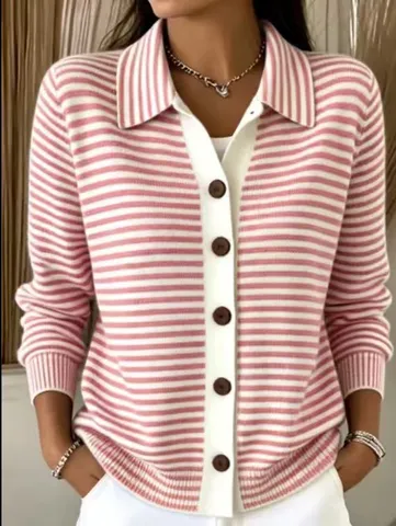 Women Striped Long Sleeve Lapel Knit Cardigan Sweater Thick Polyester Button Down Jacket Coat For Autumn Winter Casual Outerwear