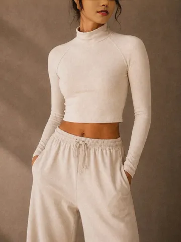 Damen Stehkragen Langarm Slim Fit Cropped Top Einfarbig Thermisches Basic T-Shirt Britischer Stil Sexy Streetwear Polyester Pullover