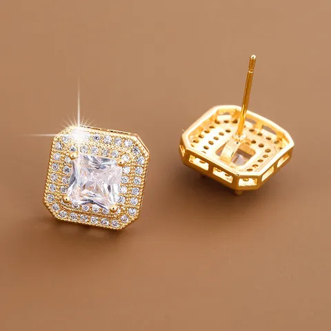 Geometric Square Halo Stud Earrings For Women Copper Pave Rhinestone Earrings For Party Wedding Daily Fashion Jewelry
