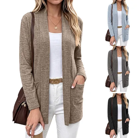 Cardigan da Donna Casual Aperto sul Davanti in Maglia Maglione Con Tasche Manica Lunga Tinta Unita Lunghezza Media Top