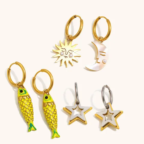 Orecchini a Cerchio in Acciaio Inossidabile Placcato Oro 18K Sole Luna Pesce Stella Pendenti Smaltati Gioielli Donna