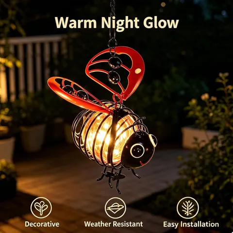 Solar Powered Metal Bee Garden Decor Outdoor Iron Art Insect Hanging Ornament Decorative Glass Lantern For Patio Yard Home