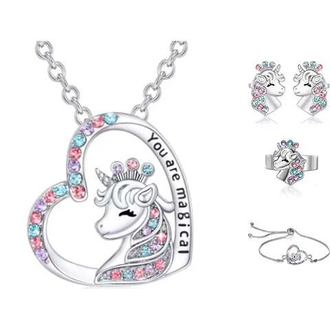 Ensemble de Bijoux Licorne Coeur pour Enfants Filles Collier Boucles d'Oreilles Bague Bracelet en Alliage Strass Gravé You Are Magical