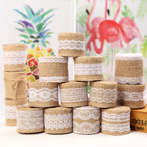 DIY Handmade Christmas Wedding Jute Burlap Roll With White Lace Trim Rustic Vintage Decorative Ribbon Craft Rolls