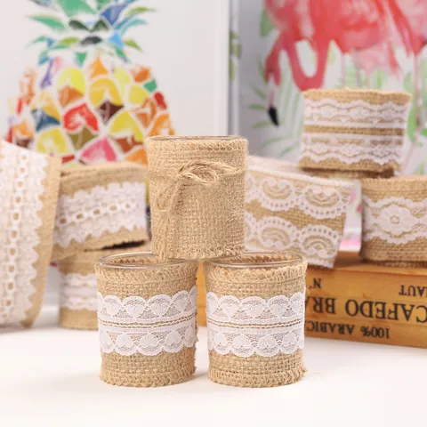 DIY Handmade Christmas Wedding Jute Burlap Roll With White Lace Trim Rustic Vintage Decorative Ribbon Craft Rolls