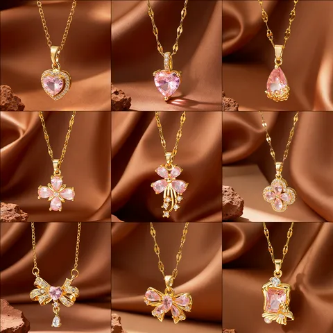Cadena de Acero Inoxidable Colgante de Cobre Strass Corazón Mariposa Trébol Collar para Mujer Moda Dulce Joyería de Lujo Ligero
