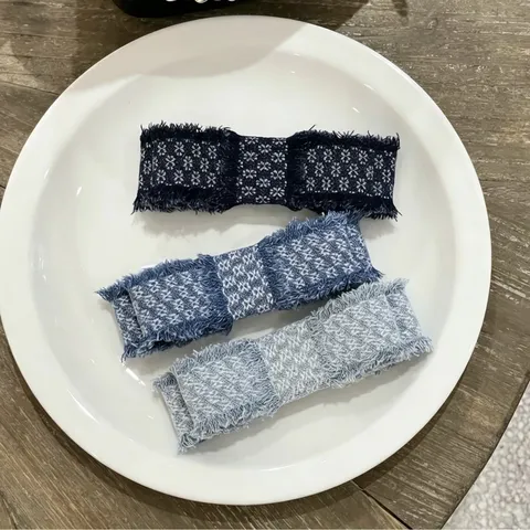 Vintage Denim Blue Embroidered Bow Hair Clip Frayed Edge Double Bow Spring Clip Elegant Ponytail Clip For Women Jewelry
