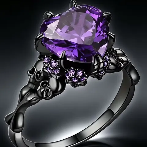 Bague Gothique Cœur Crâne Halloween Électroplaquée Noir en Alliage avec Strass Bague de Promesse pour Homme Femme Bijoux Dark Punk Cadeau
